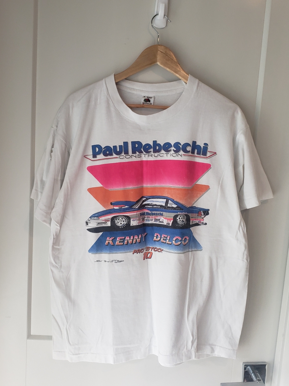 Vintage Fruit of the Loom White Tee with Pink, Orange & Blue Racing Graphic